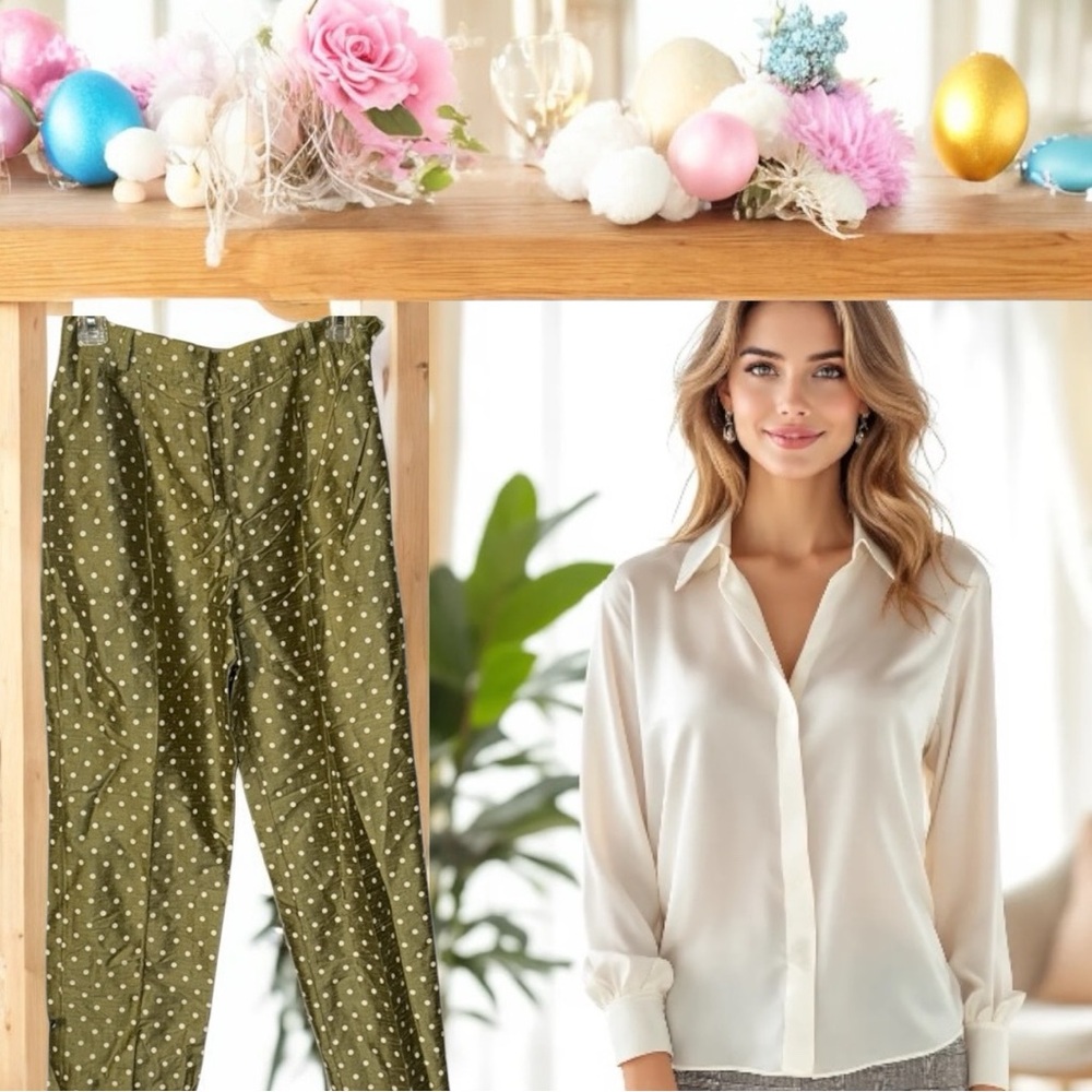 Paule Vasseur Green Polka Dot Silk Pants Size 40 WOW!